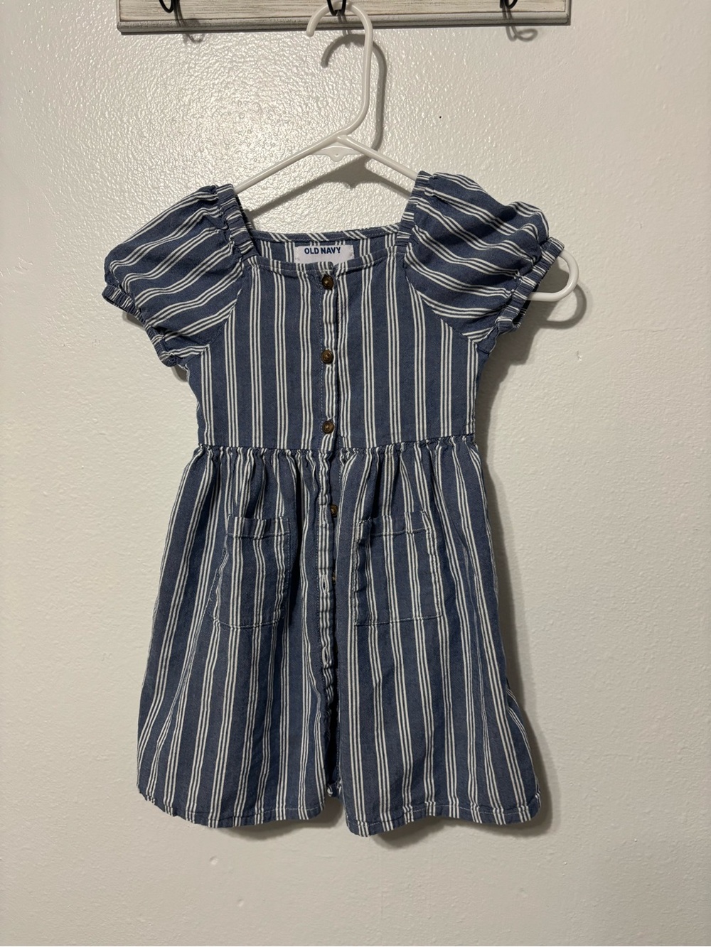 Old Navy Blue and White Striped Puff-Sleeve Dress